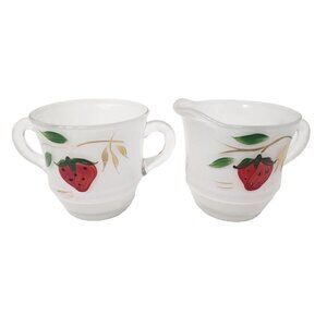 VTG Bartlett Collins Frosted Glass Strawberry Creamer & Sugar Set Hand Painted